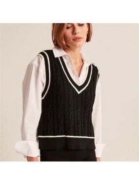 A&F Black Cable-Knit V-Neck Sweater Vest with White Trim